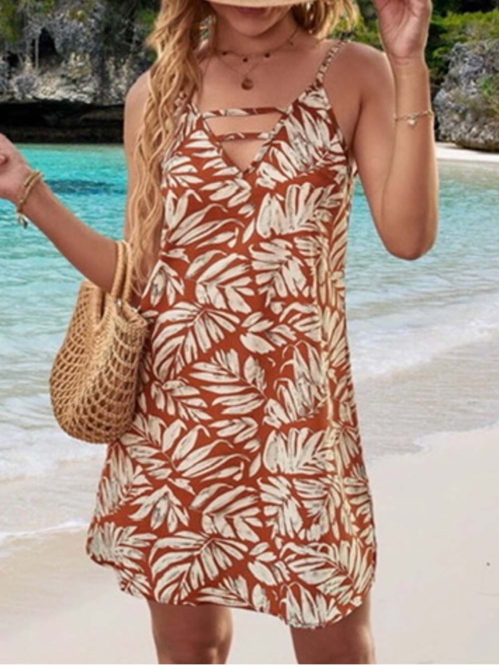 Women’s Tropical Leaf Print Slip Dress - Rust Cream XL